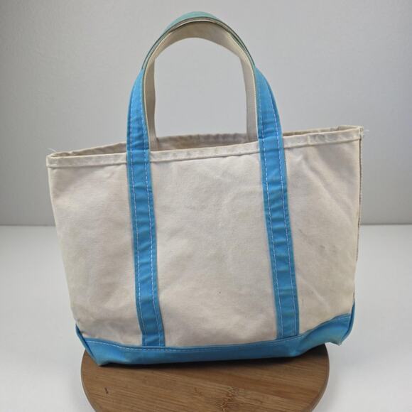 Vtg L.L.Bean Boat and Tote Bag Medium tiffany Blue Trim Canvas Open Top Made USA - Picture 1 of 16